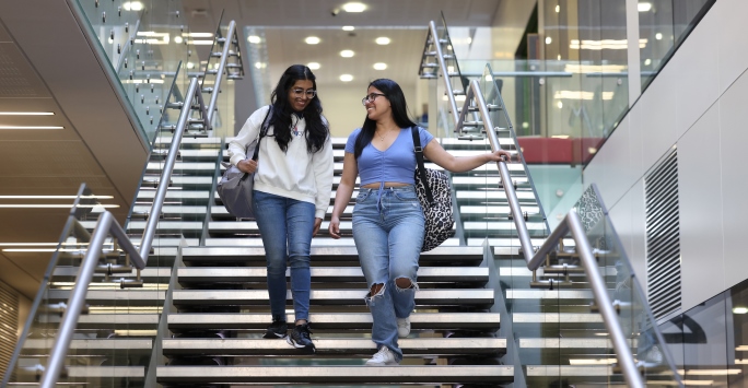 Two students descend a flight of stairs.