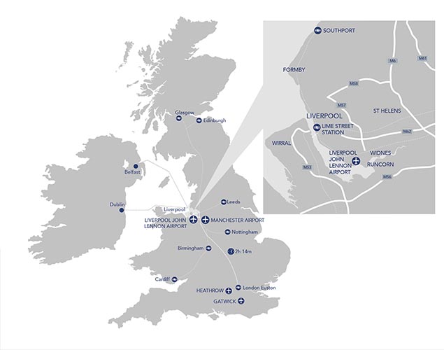 A close up map showing the location of Liverpool in the UK and highlighting Lime Street Station and John Lennon airport.