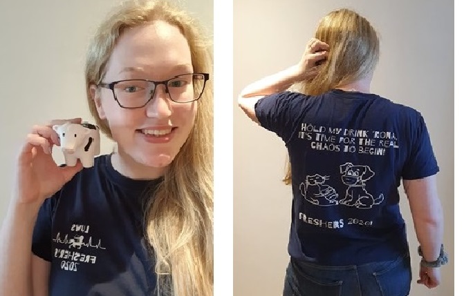 Two pictures side by side of a woman student with long blonde hair and glasses smiling into the camera holding a cow soft toy and showing a navy t-shirt