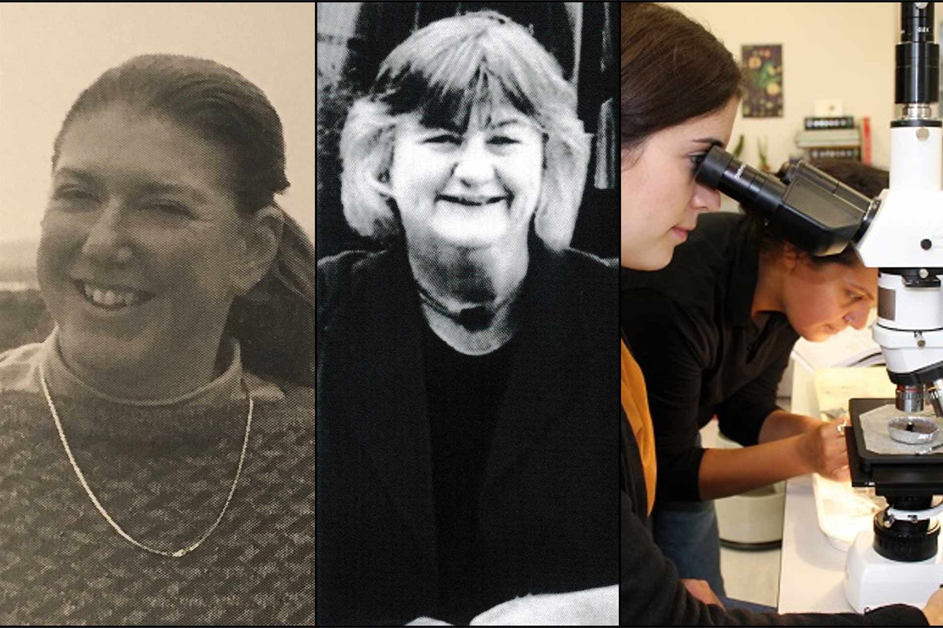 Woman on far left Joan Taylor in sepia smiling, middle woman Liz Slater in a candid pose looking to the right, and Ceren Kabukcu looking into a microscope