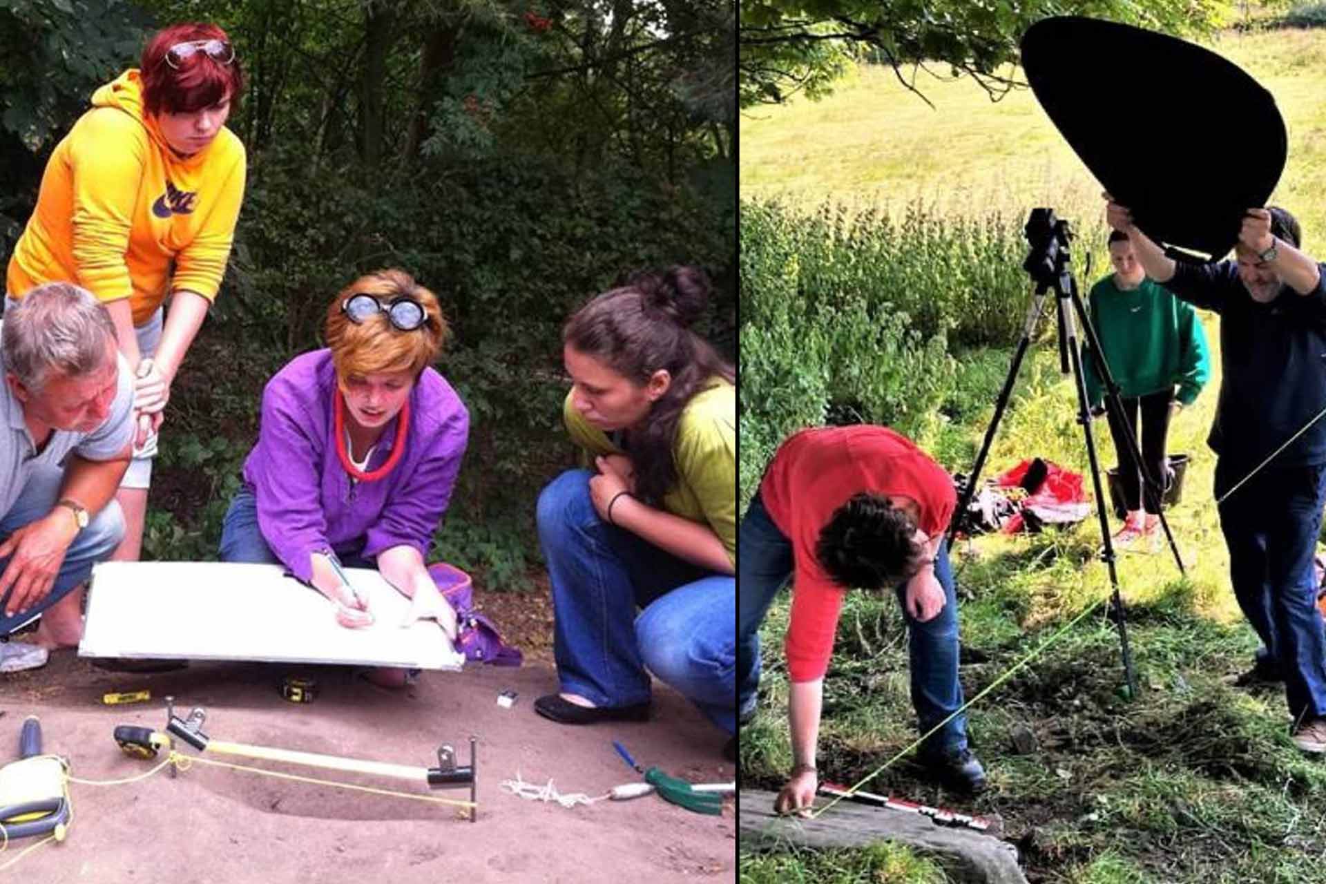 Members of the Department of Archaeology on fieldwork trips measuring the ground with equipment