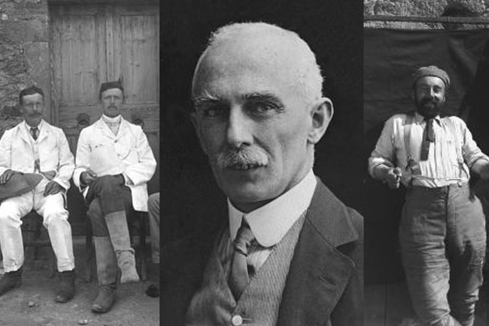 On the far left two men Professor Bosanquet and Richard MacGillivray Dawkins sat next to each other in in black and white on archaeological site, in the middle Black and white headshot of Professor Newberry, on the far right Black and white full length image of John Garstang outside an ancient Egyptian tomb