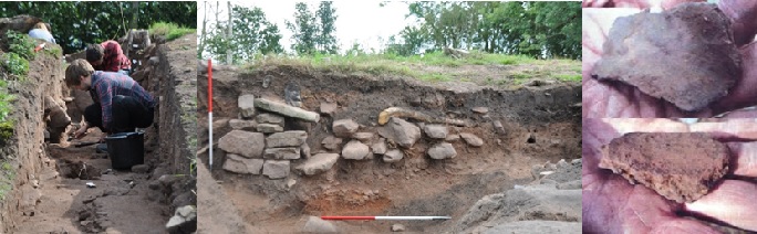 From left: Tom uncovering the Late Bronze Age palisade trench; Varley’s section through the post-Medieval boundary wall and Iron Age rampart; Iron Age ceramics – a rare find in Cheshire. All images  © Richard Mason and Rachel Pope. 