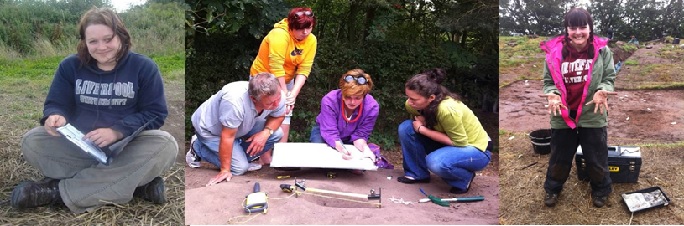 From left: Stephanie keeping up with recording; Dr Mhairi Maxwell teaching Diana Nikolova and peers how to draw a section; Liz gets her hands dirty! All images  © Richard Mason and Rachel Pope.        