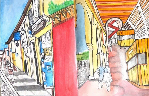 Colourful pages of a sketchbook showing street scenes