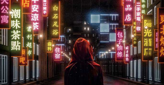 Silhouette of a hooded figure walking down futuristic neon lit street.