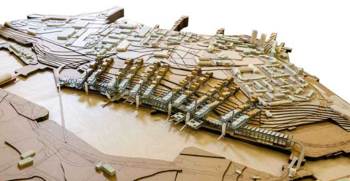 Aerial view of a wood site model.