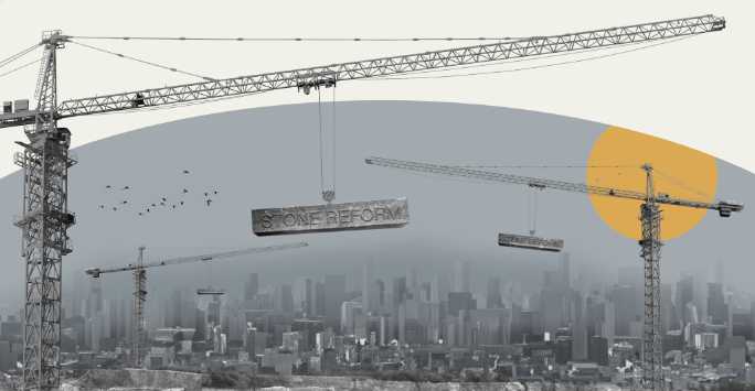 Composite image of a quarry with a cityscape behind. A block with Stone Reform engraved in it is hanging from a crane.