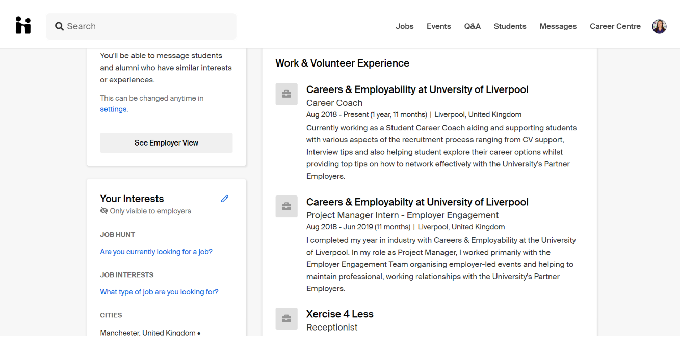 Student's Handshake profile showing their work experience 