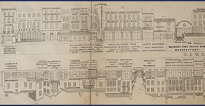 drawing of a buildings showing view of Church Street, late nineteenth century, showing the proximity of the Athenaeum and the Blue Coat