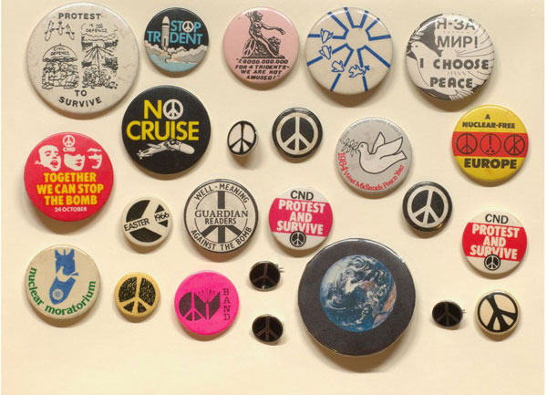 Colourful 'ban the bomb' pin badges