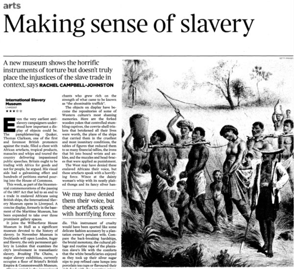 Newspaper article about the International Slavery Museum