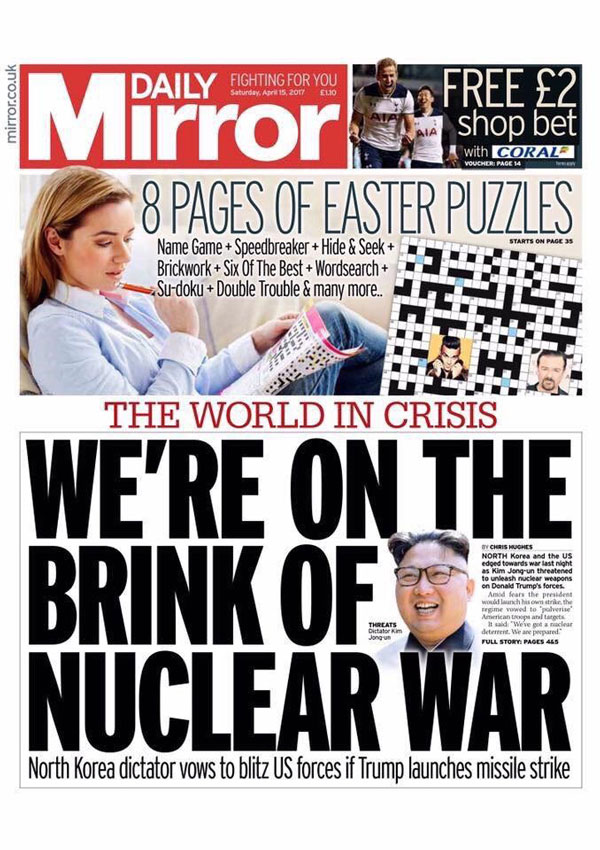 'We're on the brink of nuclear war' front page of the Mirror
