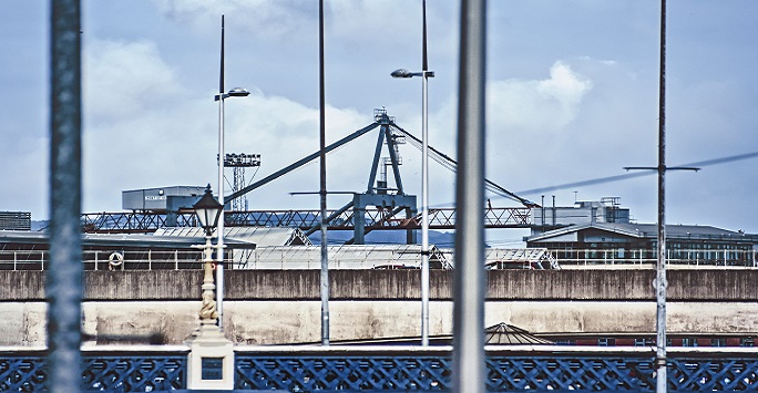 Belfast shipyard with cranes and building machinery in the foreground