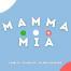 Mamma mia written against a blue backdrop logo