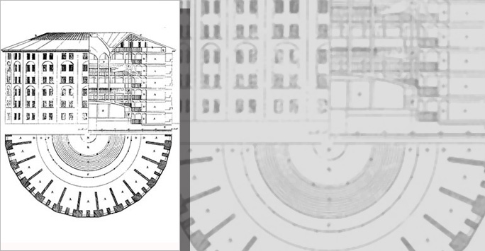 Architectural drawing of a Digital Panopticon - Elevation Section and Plan