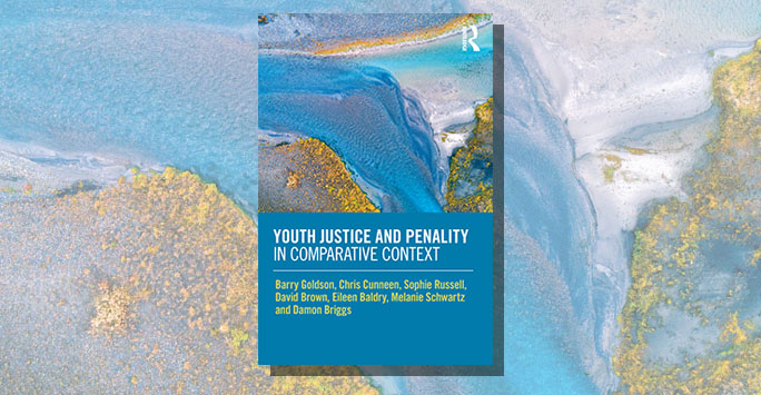 Barry Goldson Youth Justice book cover featuring abstract river water in blues, greens and yellows.
