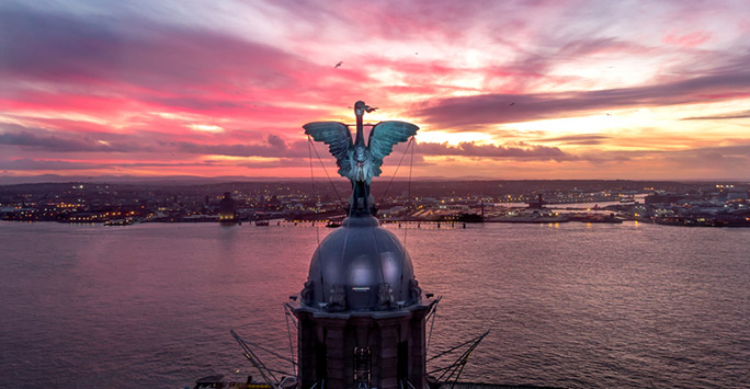 Photograph of Liver Bird looking out on to the River Mersey