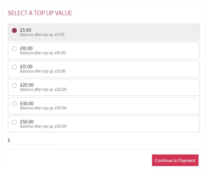 Screenshot showing top up amounts