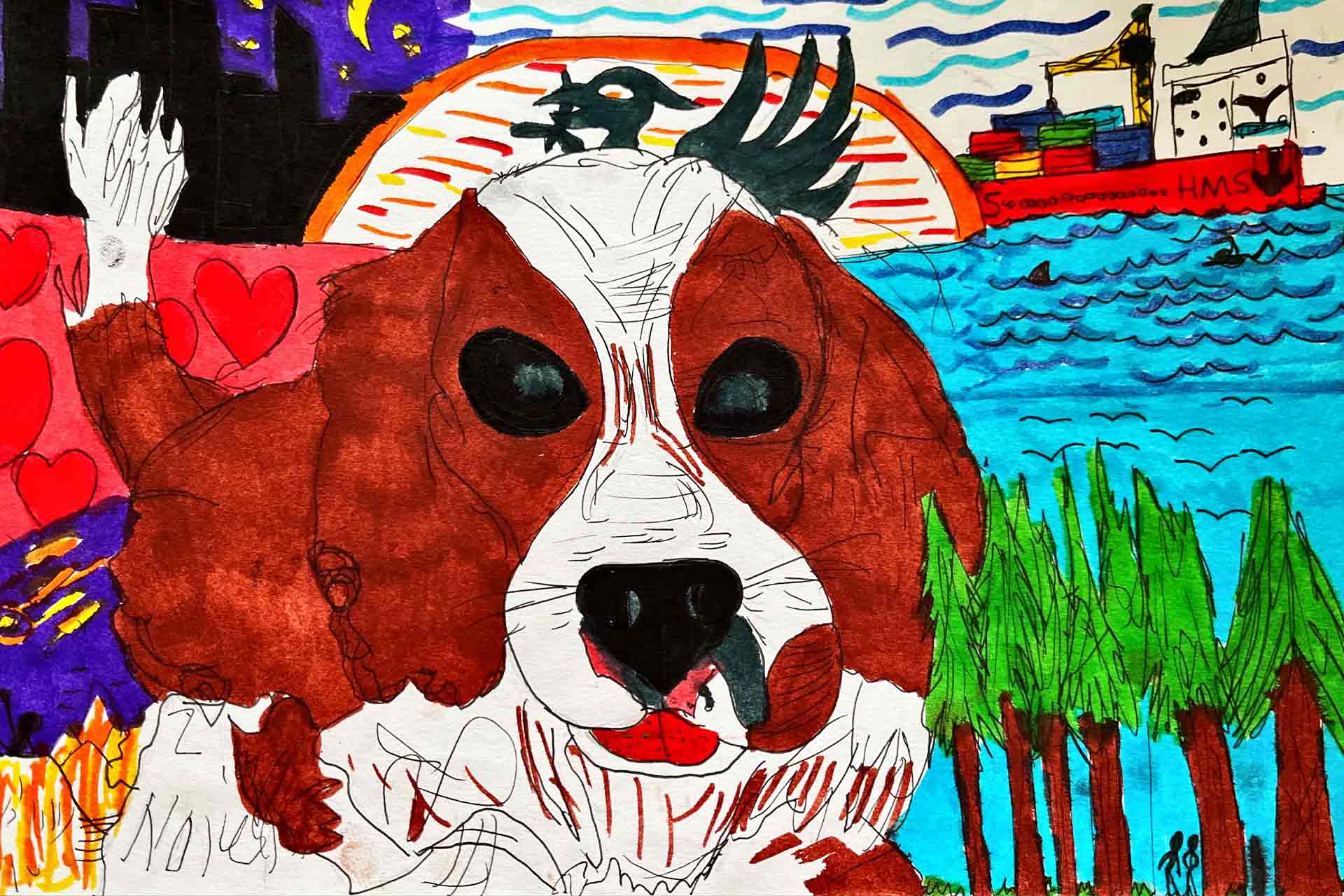 A colourful drawing of a dog using marker pens with the sea in the background, a shipping container on the sea, trees on the bottom right ahand corner and a sun, night skyline and a liver bird behind the dogs head.