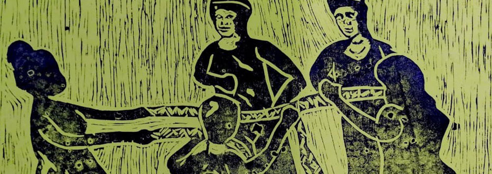 A green and black linoprint of three people clutching rope