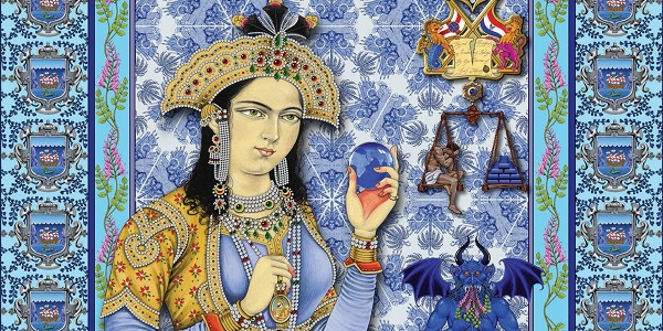 Colourful illustration of an Indian person holding a small globe on a ornate patterned background