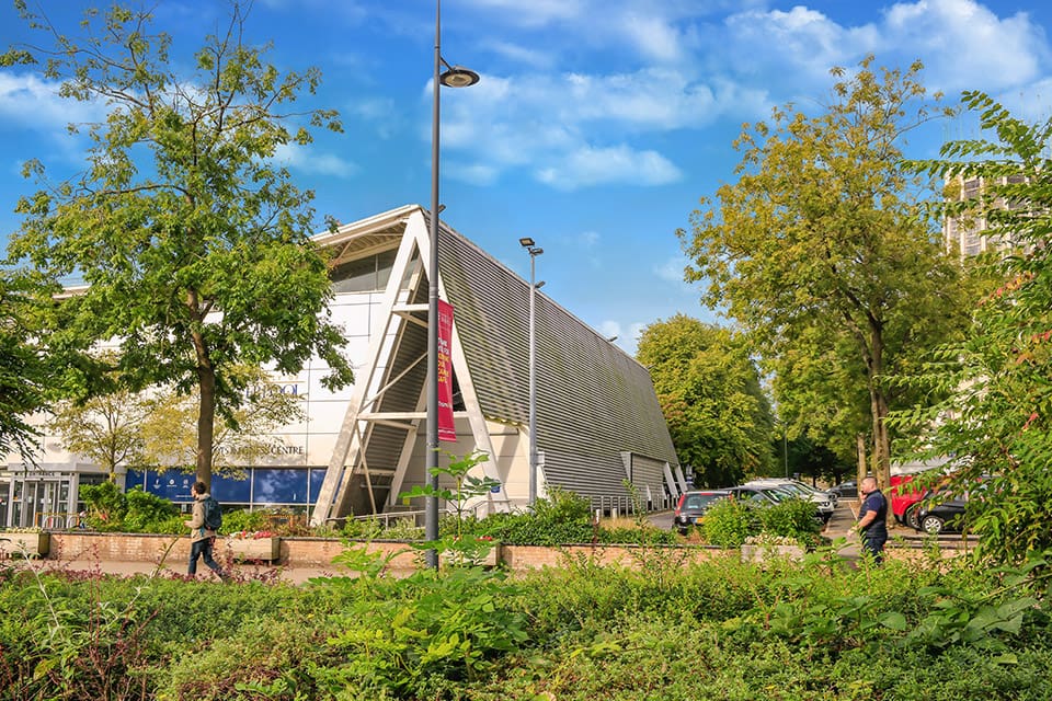 Exterior shot of the Sports and Fitness Centre on campus