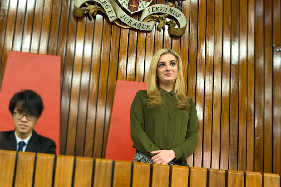 Student stood on mock court room